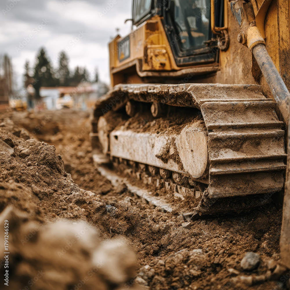 Fototapeta premium Heavy Machinery at Work on Site, Earth Moving, Industrial Environment, Close-Up View, Building Future Plans