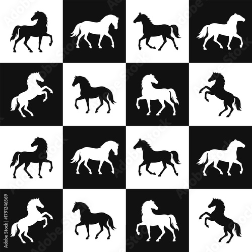 Seamless black and white checkerboard pattern with horse silhouettes. Equine tile wallpaper for 2026 Year of the Horse. Print with zodiac sign, simple bold background, wrapping paper, animals print