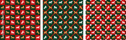 Set of seamless vintage luxury geometric patterns with horse silhouettes. Equine zodiac repeated wallpapers, wrapping gift paper, backgrounds, textile, cloth print for 2026 Lunar Year of the Horse.