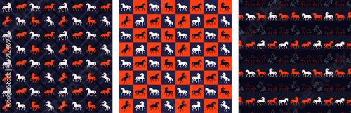 Seamless pattern set with silhouette equine motifs in  orange, white, navy blue square checks for 2026 Year of the Horse. Endless wallpapers, geometric wrapping paper, textile with stallion print