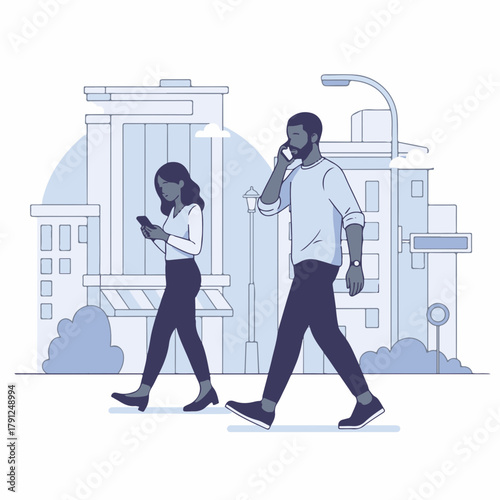 Urban lifestyle with people walking on city street, one focused on phone and another conversing. Urban lifestyle emphasizes modern interactions in city environments,