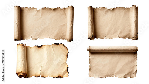 Obraz na płótnie Four old parchment scrolls with torn and burnt edges isolated on a white backgro