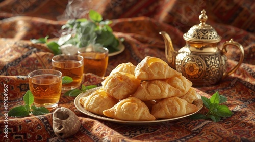Traditional Pastry with Tea on Ornate Tablecloth