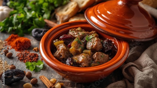Savory Beef Stew in a Clay Pot with Fresh Herbs