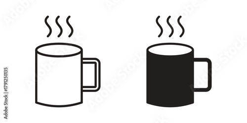 Hot coffee Mug icons in outline, flat style. Vector EPS