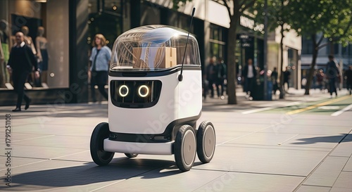 Sleek white autonomous machine delivers packages along a busy urban pathway. Robotic last mile distribution concept for future e commerce logistics, moving merchandise.