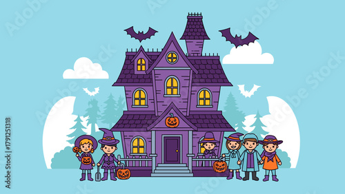 Halloween Haunted House with Kids Trick-or-Treating. Spooky Mansion and Children in Costumes Vector Illustration.