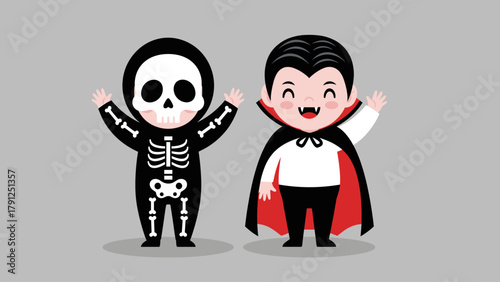 Happy cartoon kids dressed as skeleton and vampire for Halloween, waving on a gray background