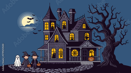 Spooky Halloween Night: Haunted House, Full Moon, Bats, and Trick-or-Treating Children Illustration