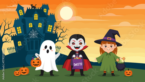 Cute Halloween Trick-or-Treaters in Costumes in Front of a Spooky Haunted House at Sunset