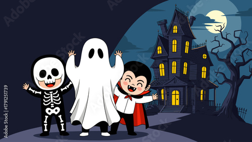 Cute cartoon children in Halloween costumes: skeleton, ghost, vampire, in front of a spooky haunted house