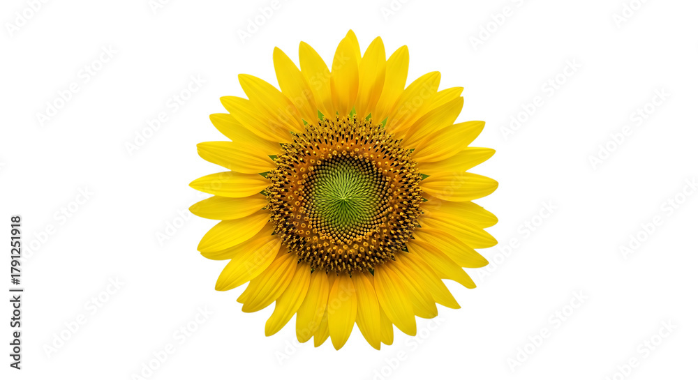 Fototapeta premium Bright yellow sunflower with a detailed green and brown center, cutout, PNG isolated on white or transparent background