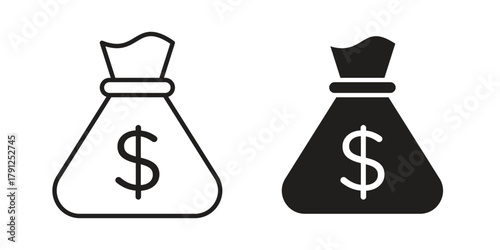 Money bag icons in outline, flat style. Vector EPS