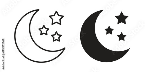 Moon stars icons in outline, flat style. Vector EPS