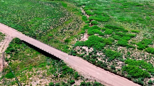 Aerial landscape of rural desert road in summer historic US route 66 San Jon New Mexico NM