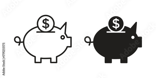 Piggy bank icons in outline, flat style. Vector EPS