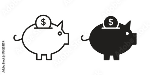 Piggy bank icons in outline, flat style. Vector EPS
