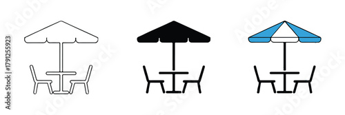 umbrella outdoor cafe table and chairs icon set outline silhouette