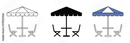 umbrella terrace bistro table two chairs umbrella trio vector icons