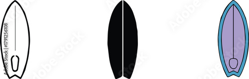 surfboard colored illustration with outline silhouette and leash detail