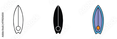 surfboard icon set three styles outline silhouette colored vector