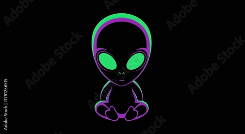 Cute alien neon character sitting tshirt design on black background