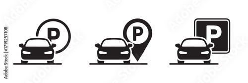 parking navigation icons car front with p sign pin and square