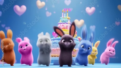 A whimsical scene of animated bunnies dancing around a cake with candles and floating hearts