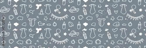 baby seamless pattern nursery icons outline on gray background