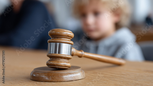 Divorce custody hearing. Wooden gavel in courtroom, child observing adoption or guardianship case