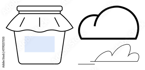 Jar with covered lid beside simplistic cloud outlines, suggesting themes thumbs up storage, sharing, eco-friendliness, minimalism, digital storage, preservation, reusable products. Ideal for food