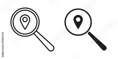 Search Location icons in outline, flat style. Vector EPS