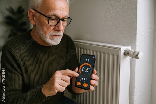 Senior man adjusts home heating with smartphone thermostat beside radiator,smart energy control.
