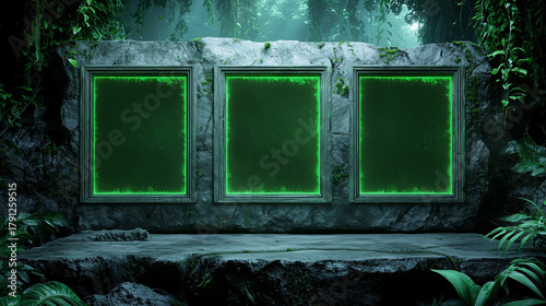 Three glowing green screens framed in stone stand in a lush jungle environment, evoking mystery and futuristic ancient technology.
