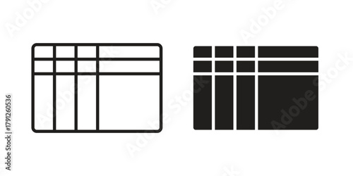Table layout icons in outline, flat style. Vector EPS