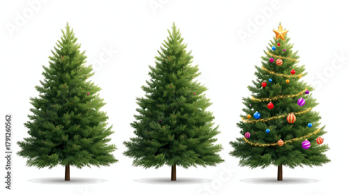 Three Christmas trees one decorated with ornaments and a star ready for festive season greetings and holiday cheer in a magical winter wonderland setting