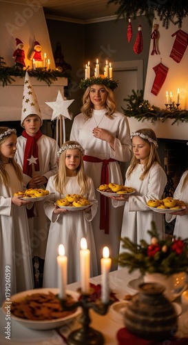 Swedish children and woman honor Saint Lucy's Day, wearing traditional white gowns, festive candle wreaths, holding saffron buns, during winter feast observance.
