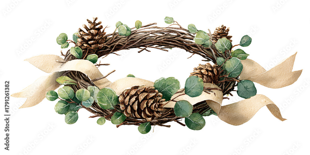 Fototapeta premium Watercolor Christmas Wreath with Pine Cones, Eucalyptus Leaves, and Beige Ribbon for Holiday Decoration and Festive Design