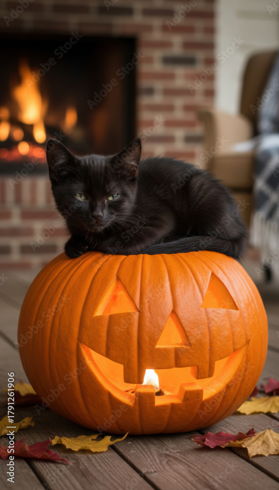 Obraz premium A black cat sits atop a carved pumpkin with a smiling face. Behind it, a warm fireplace creates a cozy autumn atmosphere filled with seasonal decorations