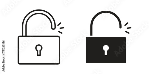 Unlock icons in outline, flat style. Vector EPS