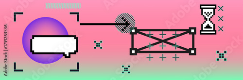 Vector illustration features a retro 8-bit digital style with pixel shapes, gradients, and abstract geometric forms in pink and purple. Composition of tech icons: speech bubbles and a hourglass.