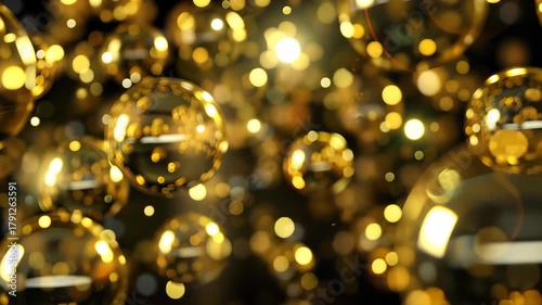 Golden Spheres: A mesmerizing display of radiant golden spheres suspended in the air. Each sphere catches the light, creating a sparkling and luxurious aesthetic. 