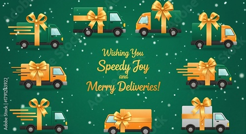 Festive holiday delivery trucks with gift bows. Fast Christmas shipping and logistics service. E-commerce concept for speedy and merry deliveries