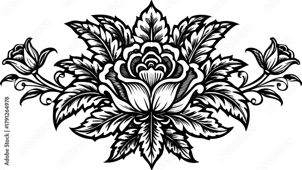 Fototapeta premium Very beautiful intricate black and white engraved floral background for retro design projects, featuring ornate vintage botanical patterns, detailed leaves and blossoms, and elegant linework that evok