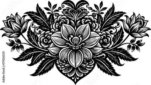 Very beautiful intricate black and white engraved floral background for retro design projects, featuring ornate vintage botanical patterns, detailed leaves and blossoms, and elegant linework that evok