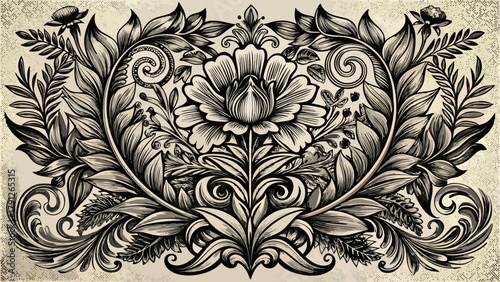 Very beautiful intricate black and white engraved floral background for retro design projects, featuring ornate vintage botanical patterns, detailed leaves and blossoms, and elegant linework that evok