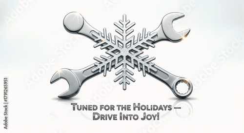 Automotive holiday service concept with crossed wrenches and winter snowflake. Christmas promotion for car repair and mechanic. Tuned for holidays advertisement