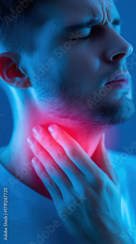 A young man is shown touching his throat with a pained expression, illuminated by a blue and pink light. The photograph captures a moment of physical discomfort, set in a close studio environment
