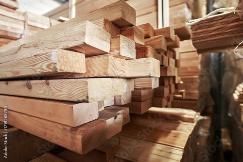 Foto Stacked wooden planks in a warehouse, showcasing various sizes and textures, hig
