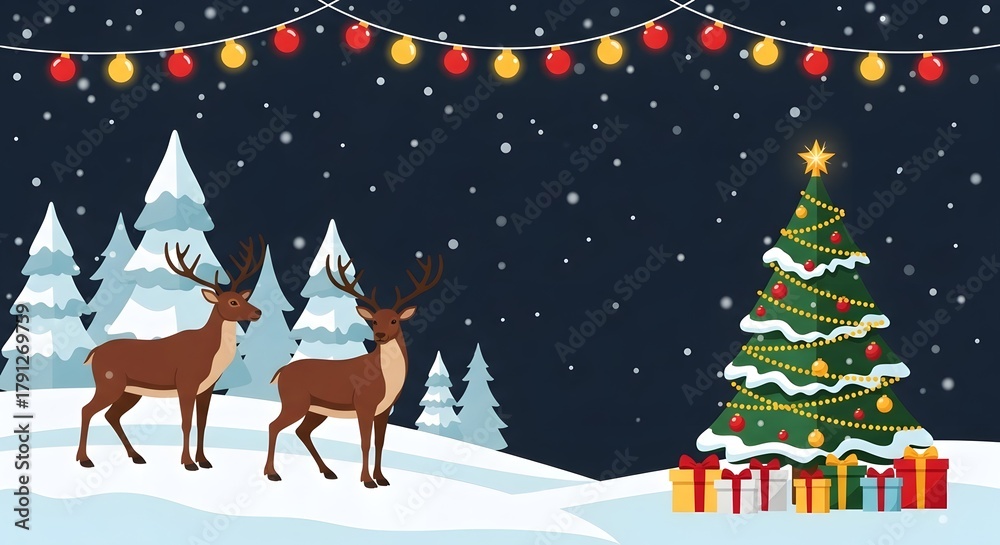 Fototapeta premium Christmas night scene with two deer, decorated fir tree, presents, and falling snow.